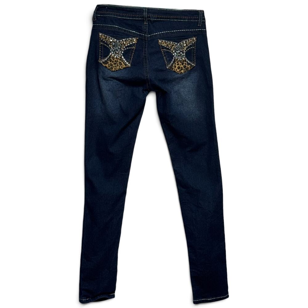 Southpole Rhinestone Leopard Print Embellished Pockets Denim Jeans Dark Wash 7